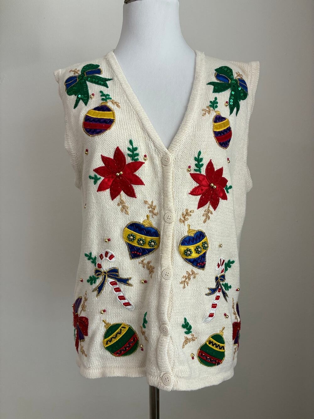 Vintage Bobbie Brooks Christmas Sweater Vest L 12 14 Ugly Xmas Beaded Applique